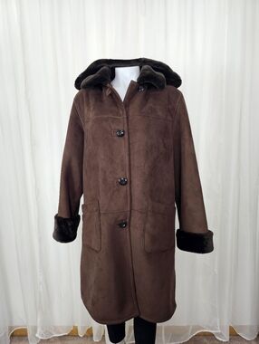 Portrait Classic Espresso Brown Faux-Shearling Hooded Plush Coat Large